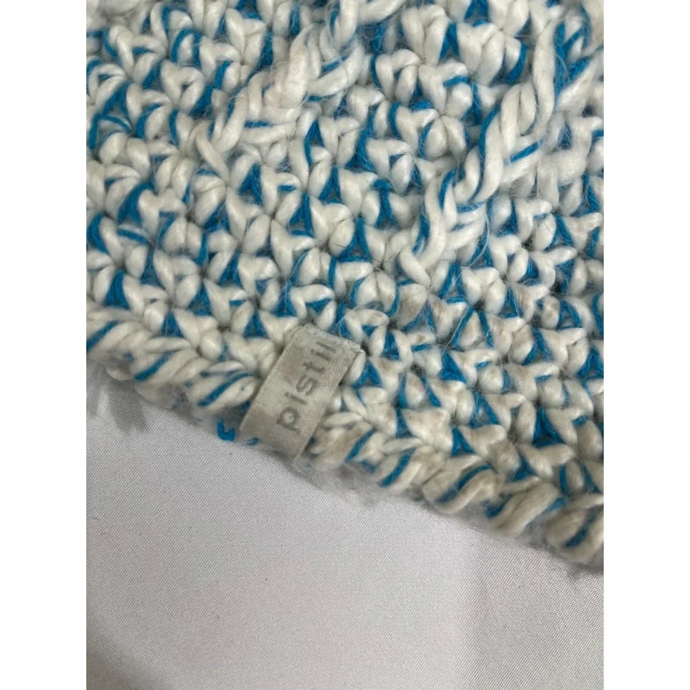 Pistil Blue White Chunky Knit Beanie Hat Button Brim Boho Winter Aesthetic